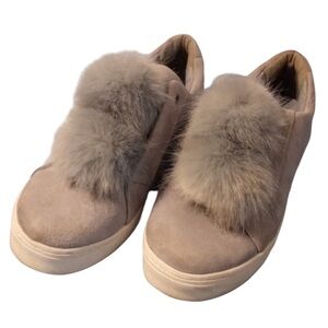 Sam Edelman size 10 silvery blue suede Sneakers with rabbit Fur pom Poms
